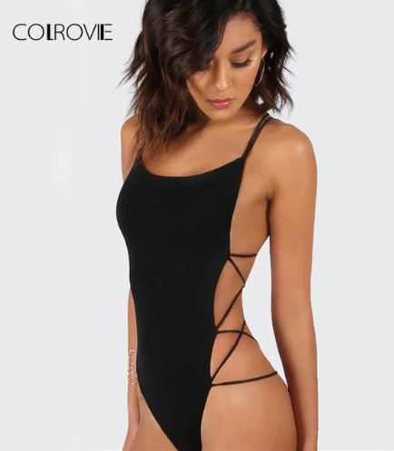 COLROVIE Strappy Backless Bodysuit Women Black Sleeveless Summer Beach Hot Bodysuits Navy Scoop Neck