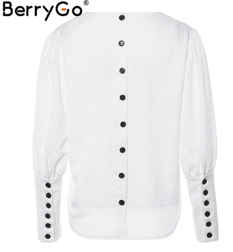 BerryGo Puff sleeve women blouse shirt Button white v neck tops spring 2019 Elegant office lady stre