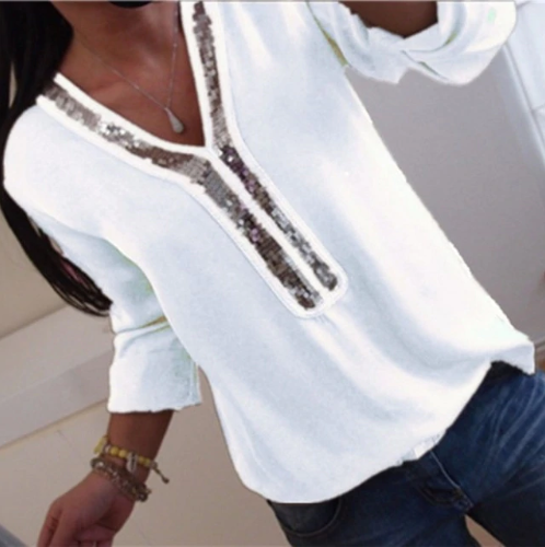 2019 Women Sexy V-neck Sequins Chiffon Blouse Shirt Spring Summer Elegant Office Lady Blouses Tops P