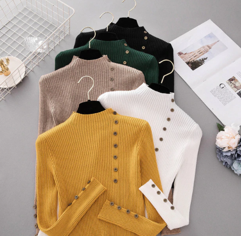 2019 New Fashion Button Turtleneck Sweater Women Spring Autumn Solid Knitted Pullover