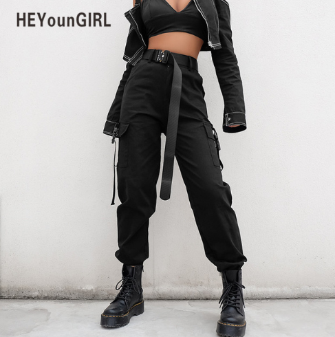 2019 HEYounGIRL Streetwear Cargo Pants Women Casual Joggers Black