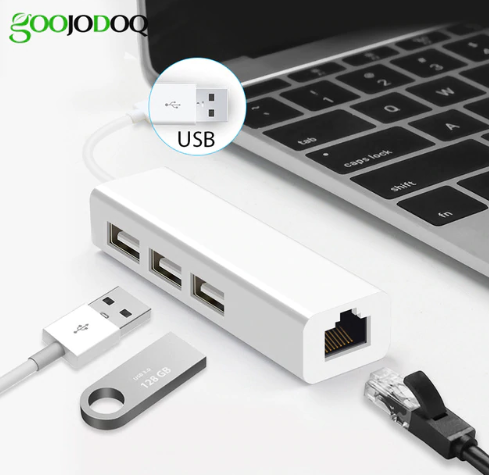 USB Ethernet with 3 Port USB HUB 2.0 RJ45 Lan Network Card USB to Ethernet Adapter for Mac iOS Andro