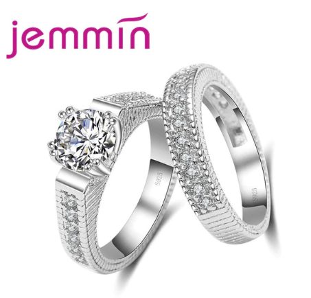 2019 Jemmin 2pcs/lot Female Crystal White Round Ring Set Luxury 925 Silver Engagement Ring For Women