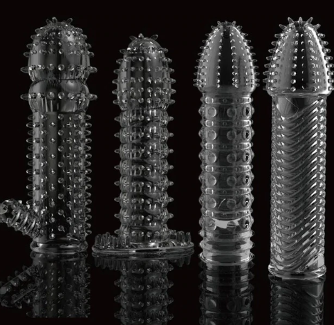 2019 Reusable condom lube Textured Extender Sleeve screw thread Penis cover Cock Ring dildo sheath C